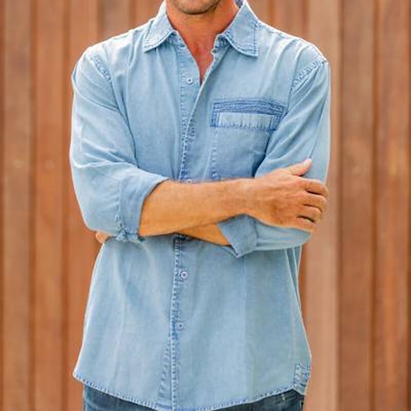 Men's Shirt Button Up Shirt Casual Shirt Jeans Shirt Denim Shirt Blue Long Sleeve Plain Lapel Street Vacation Pocket Clothing Apparel Denim Fashion Leisure Hawaiian2