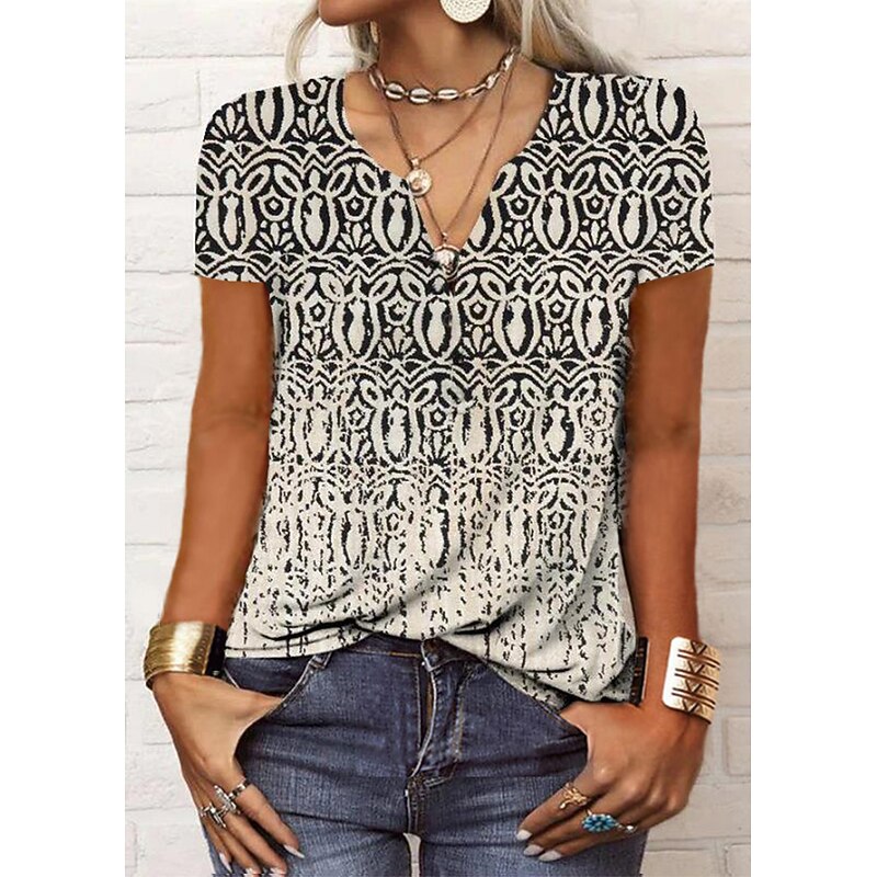 Women's T Shirt Henley Shirt Graphic Paisley Vintage Basic Short Sleeve V Neck Regular Tops Daily Weekend Print Black Red Blue2