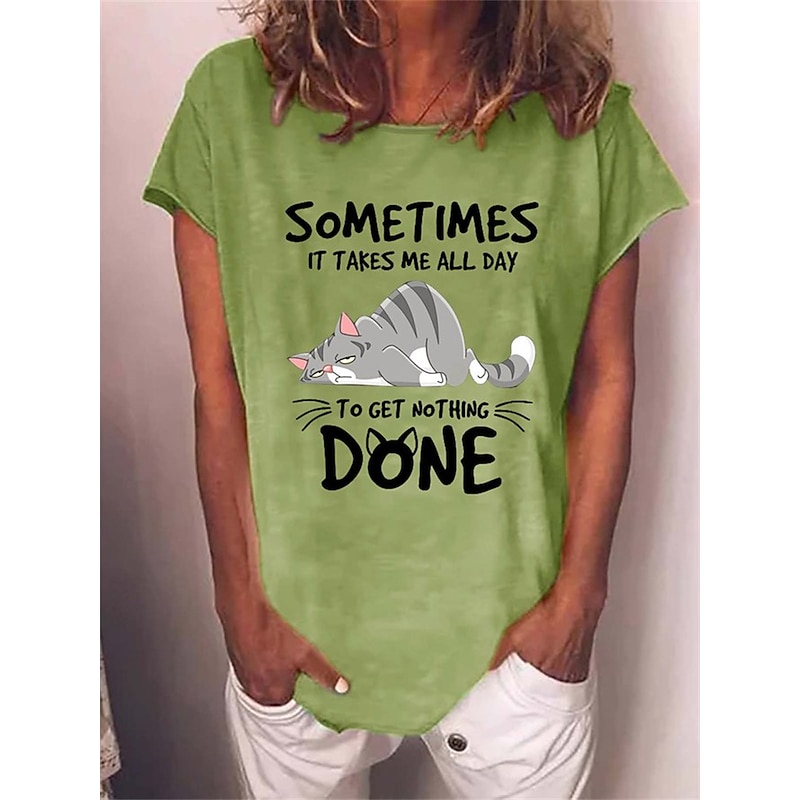 Women's T Shirt Cat Letter Text Basic Short Sleeve Round Neck Regular Tops Daily Weekend Print Black Red Blue Green Gray3