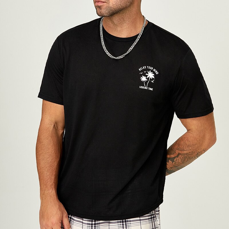 Men's Plus Size Big Tall T shirt Tee Tee Graphic Tee Crewneck Black Brown Short Sleeves Outdoor Going out Print Coconut Tree Letter Clothing Apparel Cotton Blend Stylish Casual Tops2