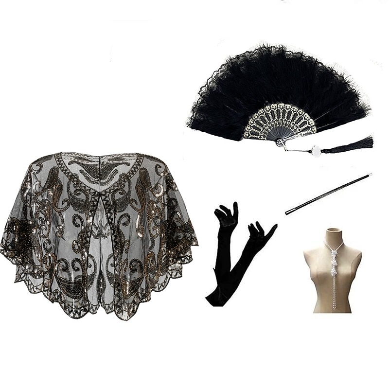 Women's 5 Pcs Accessories Set 1920s The Great Gatsby Sequin Shawls Cloak Feather Fans Gloves Pearl Accessories Cigarette Stick2