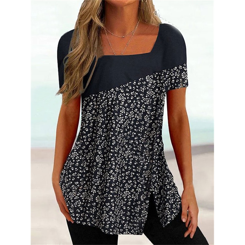 Women's Plus Size T Shirt Tunic Basic Floral Striped Print Short Sleeve Regular Tops Square Neck Casual Holiday Black White Pink Purple Dark Gray2