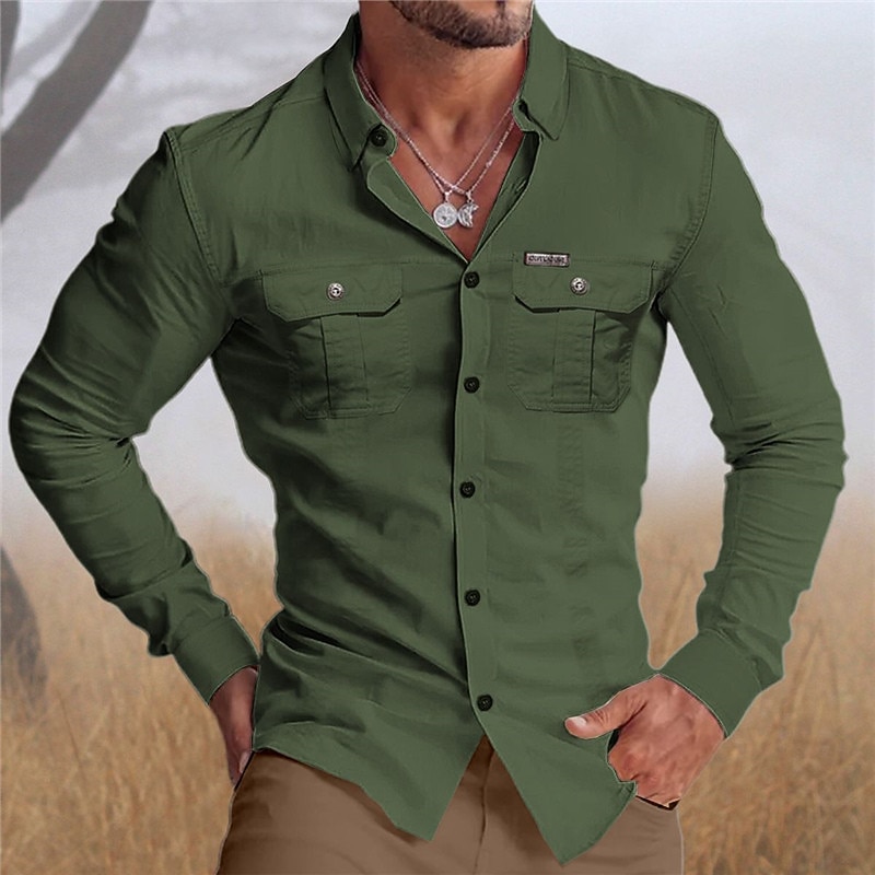 Men's Shirt Workwear Shirts Casual Shirt Work Shirt Button Up Shirt Cargo Shirt White Navy Blue Green khaki Long Sleeve Graphic Prints Turndown Vacation Street Print Clothing Apparel Cotton Cotton4