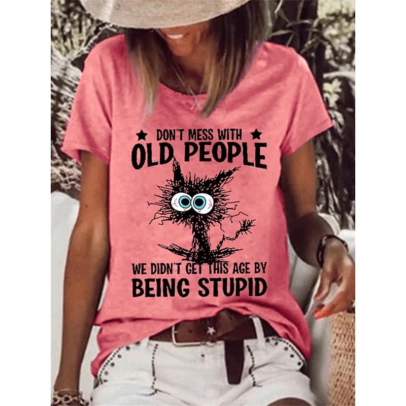 Women's T Shirt Cat Letter Text Basic Short Sleeve Round Neck Regular Tops Daily Weekend Print White Pink Blue Green Gray Spring, Fall, Winter, Summer4