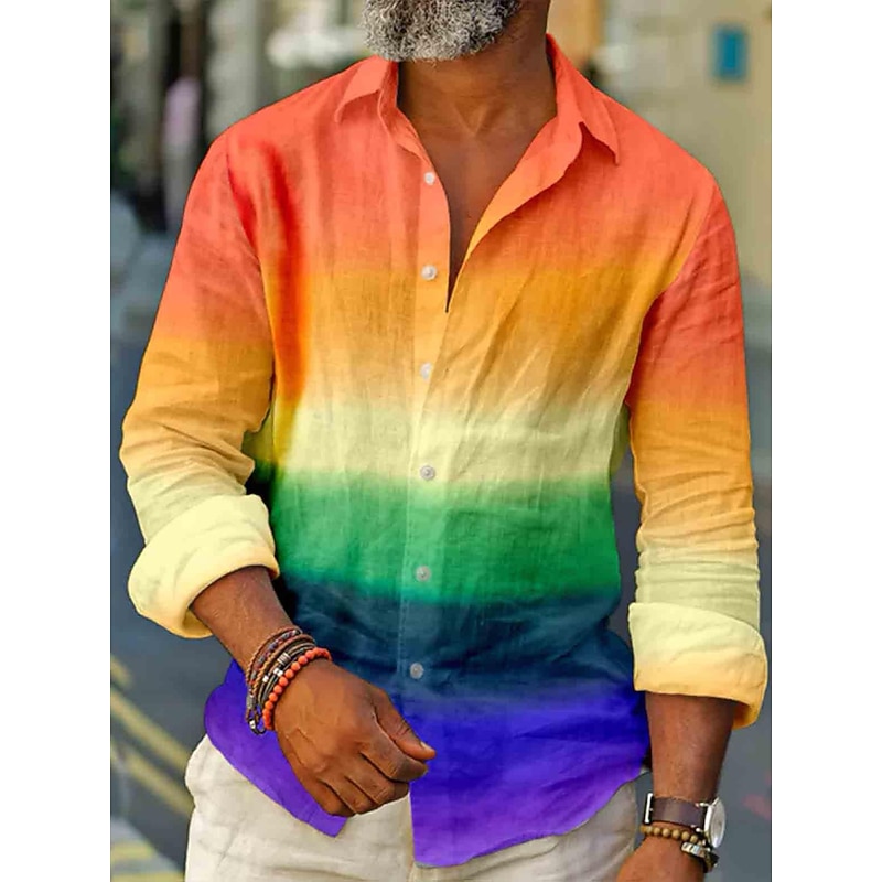 Men's Rainbow Geometric Pattern Shirt Button Up Shirt Long Sleeve Fashion Streetwear Designer Casual Daily Going out Fall & Winter Turndown Print Pink Rainbow Blue+Blue Light Blue