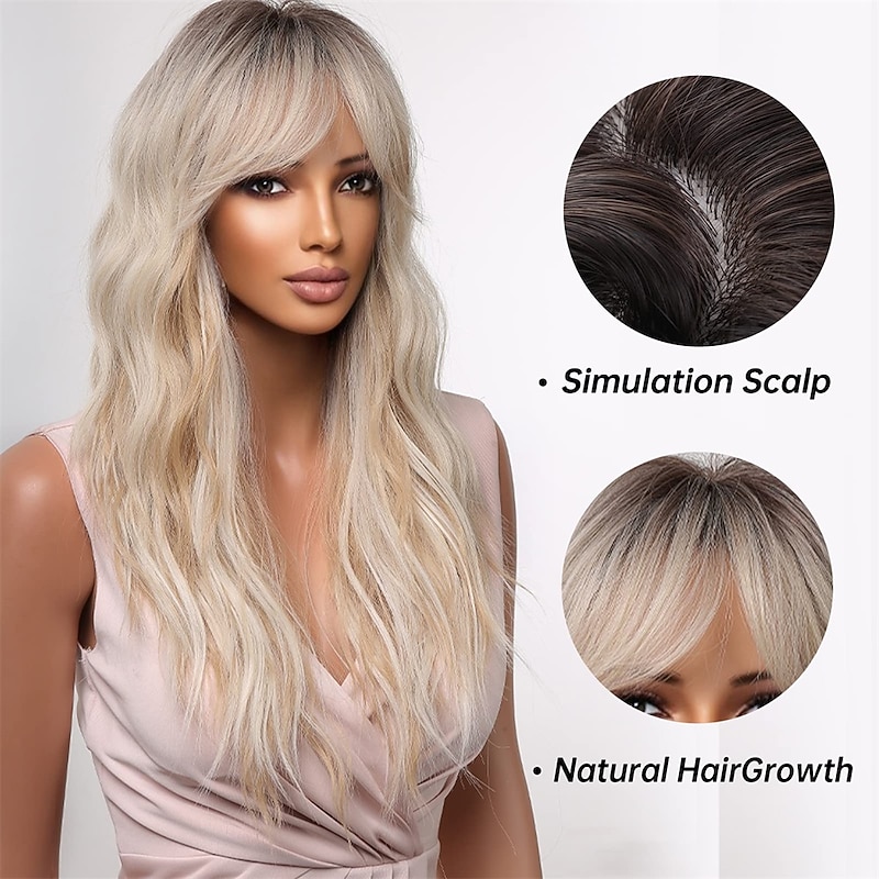 Allbell Blonde Platinum Wig for Women Long Curly Synthetic Hair with Bangs Wave Wigs with Dark Roots barbiecore Wigs2