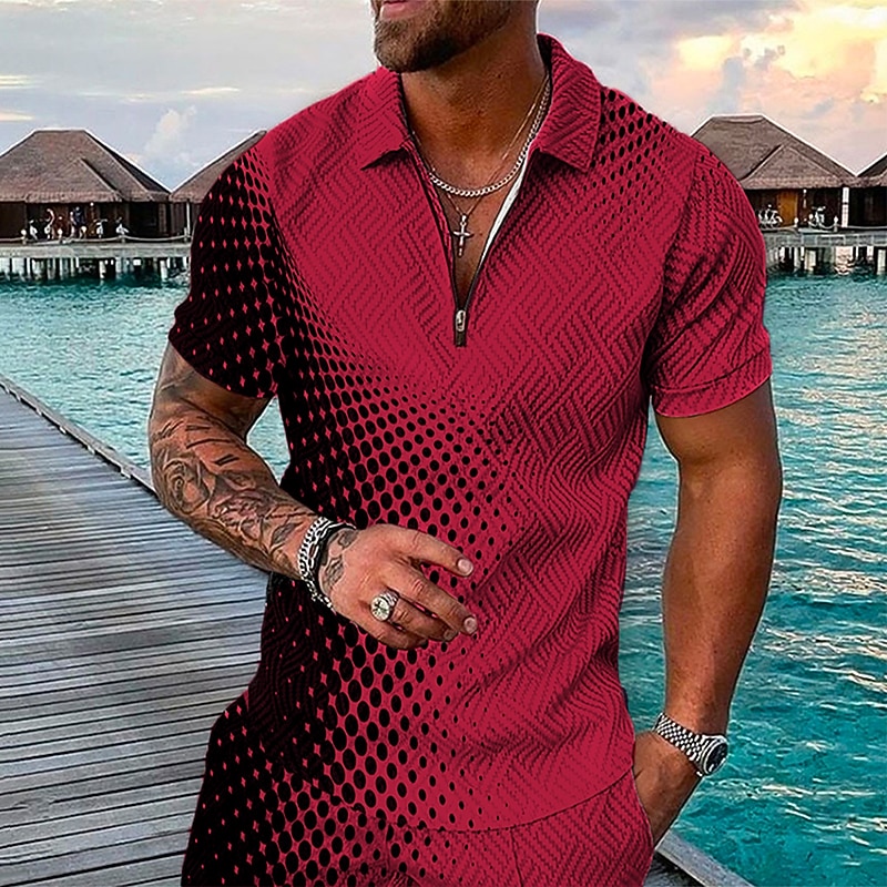 Men's Geometric Hawaiian Polo Shirts Golf Shirt Short Sleeve Polo Shirts Collared Shirts Casual Beach Wear Vacation Wear Party Outfits 3D Print Quarter Zip Polo Black / Gray Pink Red4