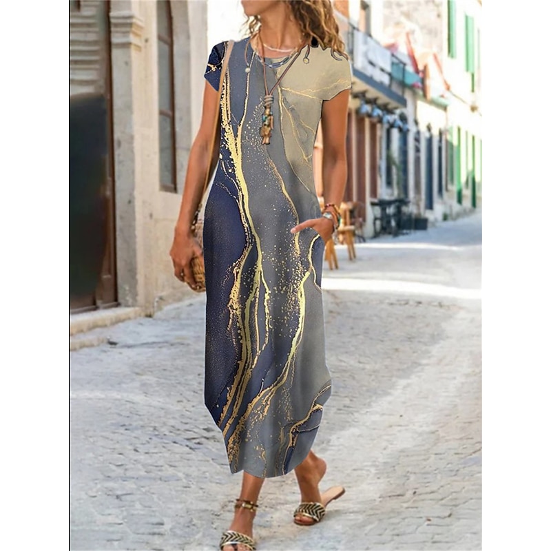 Women's Maxi long Dress Casual Dress Summer Dress Print Dress Classic Casual Mature Vacation Daily Holiday Regular Fit Floral Graphic Color Block Short Sleeve Crew Neck Black White Yellow Red Summer3