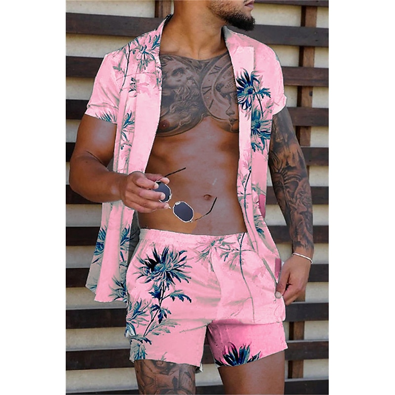 Men's Coconut Tree Tropical Plants 2pcs Shirts Sets Summer Hawaiian Shirt Short Sleeve Short Pants Turndown Tropical Fashion Hawaiian Street Casual Holiday Print Summer Spring Yellow Pink Blue4