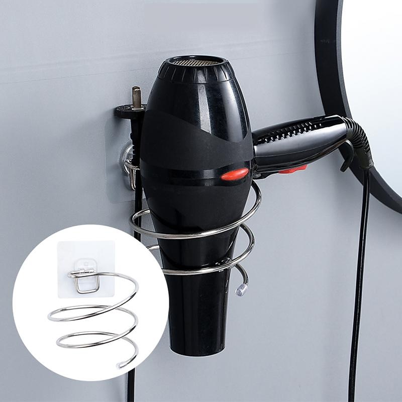 Stainless Steel Hair Dryer Holder Adhesive Blower Organizer Wall Mounted Spiral Stand Shelves Bathroom Storage Accessories2