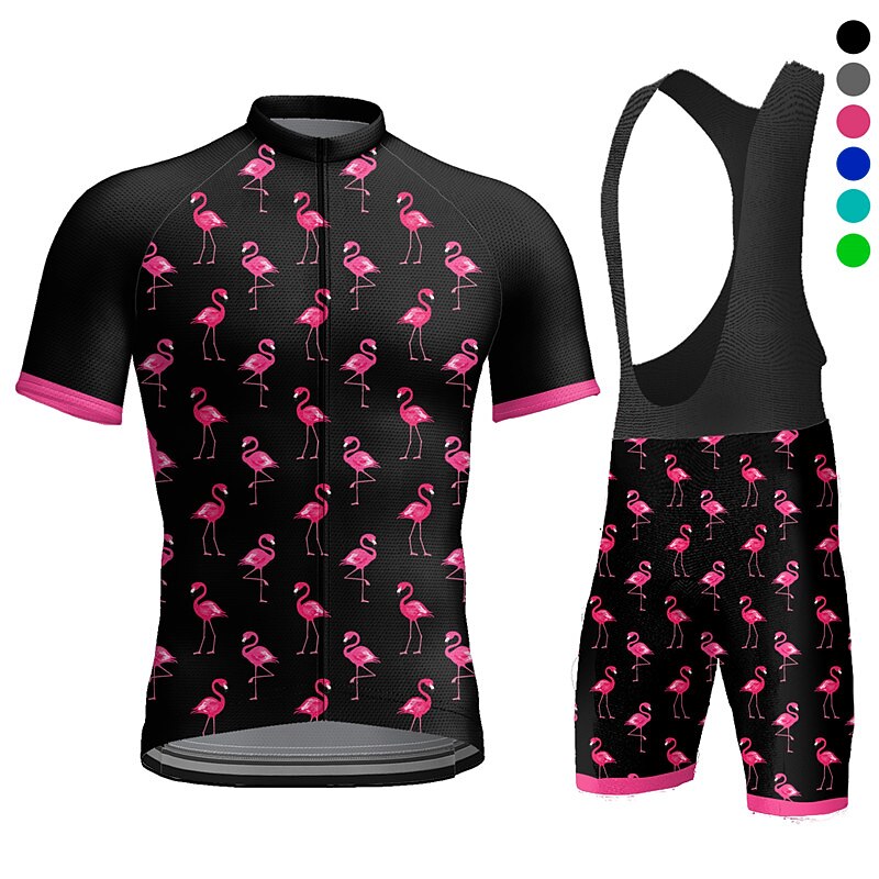 Men's Cycling Jersey with Bib Shorts Short Sleeve Mountain Bike MTB Road Bike Cycling Dark Grey Black White Graphic Flamingo Bike Clothing Suit 3D Pad Breathable Quick Dry Back Pocket Polyester
