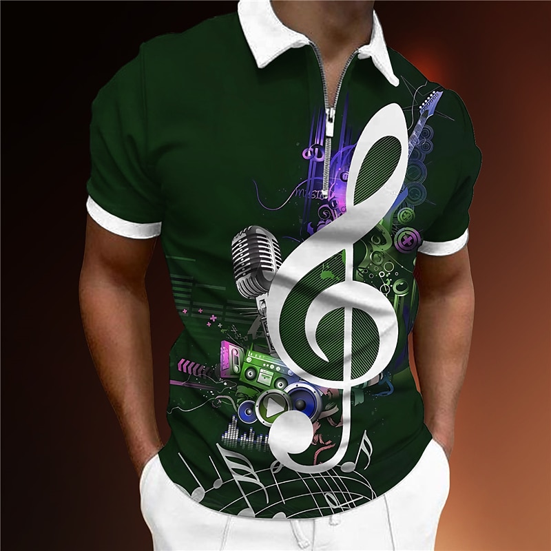 Music Festival Men's Music Zip Polo Shirts Golf Shirt Short Sleeve Polo Shirts Collared Shirts Casual Vacation Wear Festival Wear Party Outfits 3D Print Quarter Zip Polo Black Wine Navy Blue2