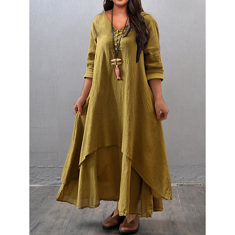 Women's Plus Size Curve Casual Dress Swing Dress Solid Color Long Dress Maxi Dress Long Sleeve Button Fake two piece V Neck Basic Daily Black White Summer Spring L XL XXL 3XL 4XL4