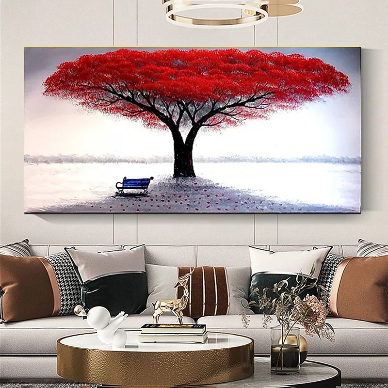 Oil Painting Hand Painted Horizontal Floral / Botanical Comtemporary Modern Stretched Canvas