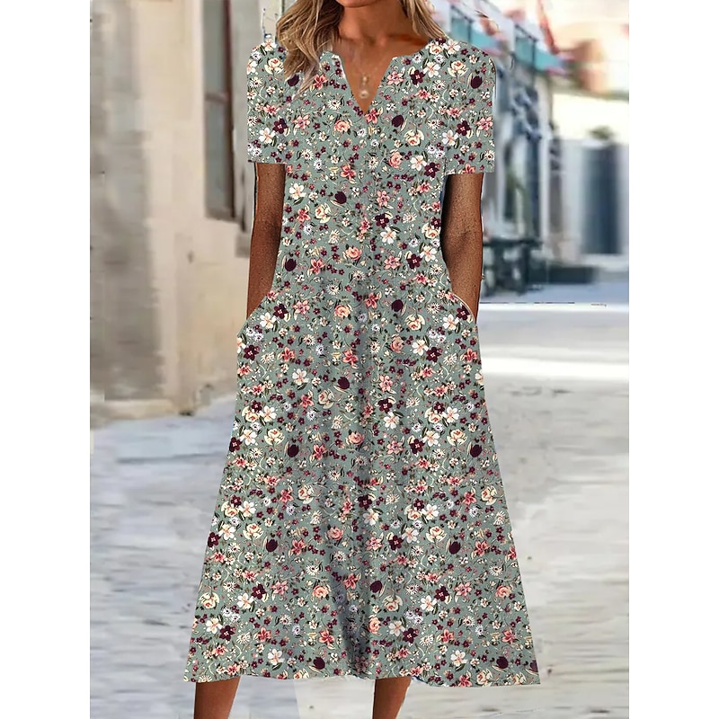 Women's Midi Dress Shift Dress Summer Dress Print Dress Active Fashion Streetwear Outdoor Vacation Date Regular Fit Floral Short Sleeve V Neck Blue Green Gray Summer Spring3