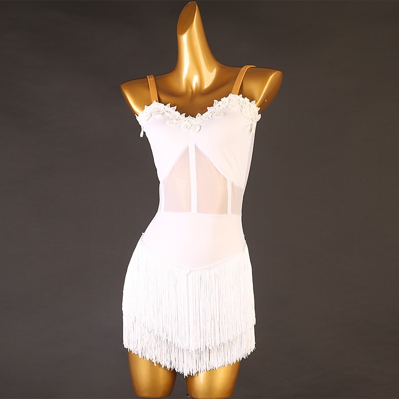 Latin Dance Latin Salsa Dance Dress Tassel Women's Girls' Performance Training Sleeveless High Spandex Tulle3