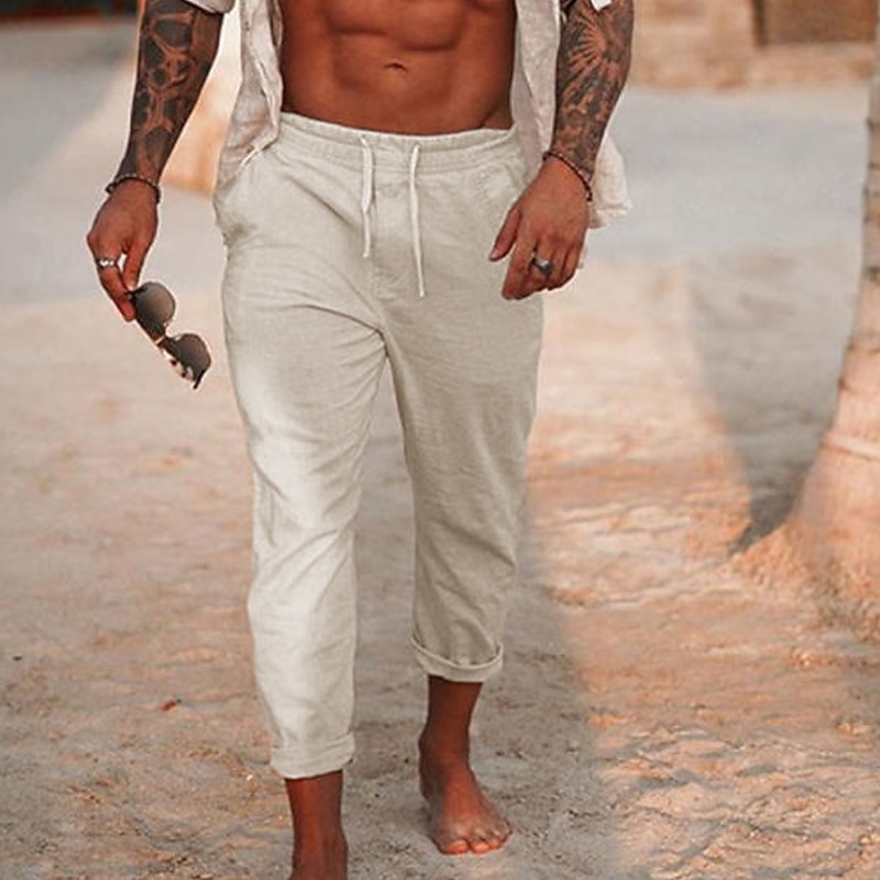Men's Linen Pants Trousers Summer Pants Drawstring Elastic Waist Plain Comfort Soft Daily Beach Fashion Simple Black White Micro-elastic3