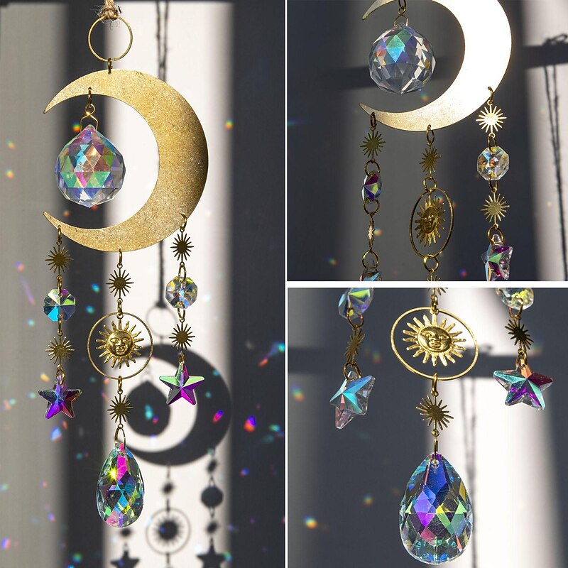 Wall Art Decor, Moon Star Suncatcher Pendant  Crystal Pendant Chandelier Rainbow Create Hanging Ornament Wall Hanging Tree Window Prism Ornament for Room Home Office Garden Decor4