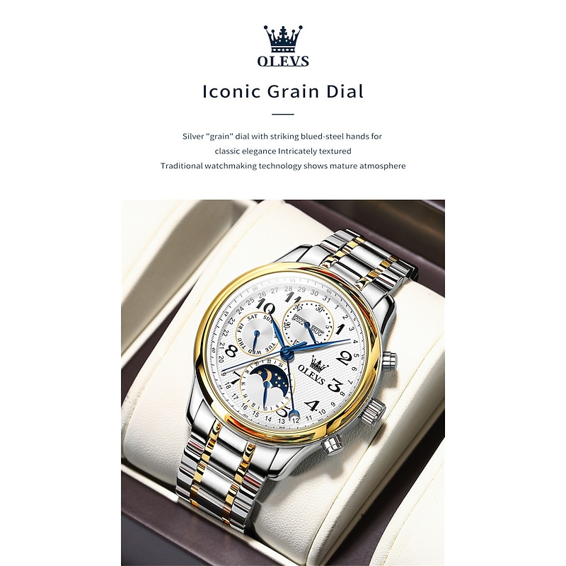 OLEVS Men Mechanical Watch Calendar Luxury Waterproof Wristwatch Automatic Self-winding Moon phase Dual Display Calendar Stainless Steel Strap Watch4