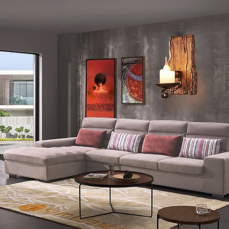 Industrial Style Rural Retro Wood Wall Lamp Marble Lampshade Gray Log Suitable for Indoor Farmhouse Coffee Kitchen Study Lighting E14/E12 Candle Bulb AC110V AC220V2