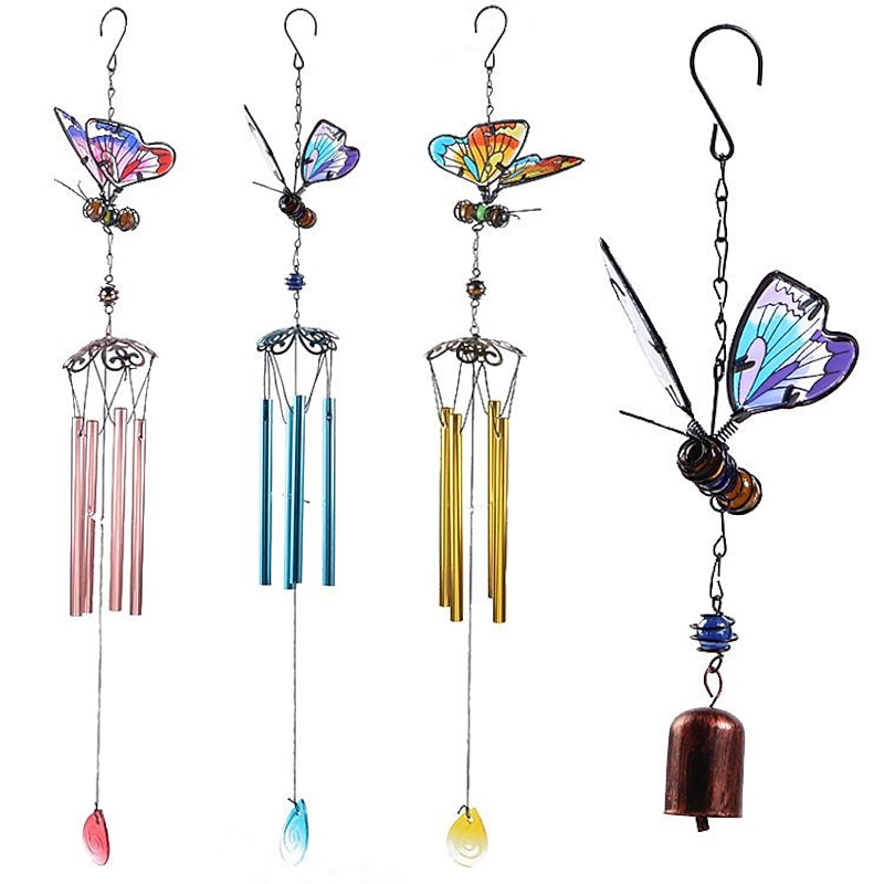 1pc Butterfly Painted Wind Chime Outdoor Handicraft Glow In The Night Hanging Ornament For Window Balcony Garden Decor