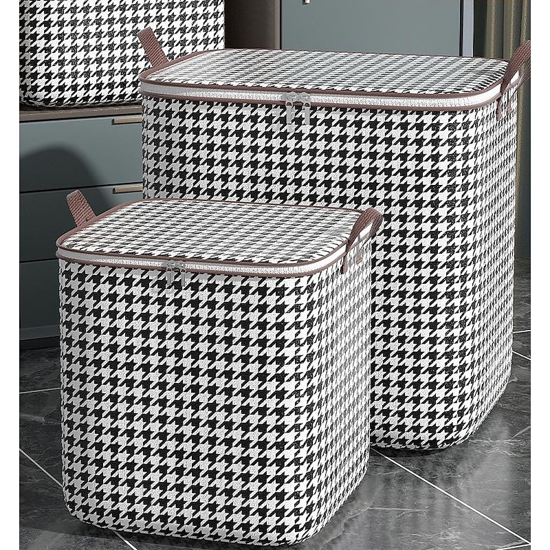 1pc Clothes Storage Bag, Houndstooth Pattern Foldable Fabric Storage Bag, Large Capacity Waterproof Moisture-proof Cotton Quilt Storage Bag, Home Organization And Storage2
