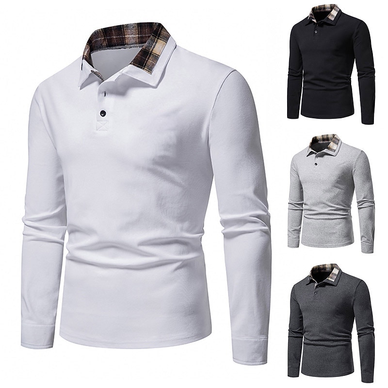 Men's Casual Shirt Polo Shirt Outdoor Business Polo Collar Classic Long Sleeve Basic Classic Solid Color Plaid Formal Style Button Front Spring Fall Regular Fit Black White Dark Gray Gray Casual Shirt
