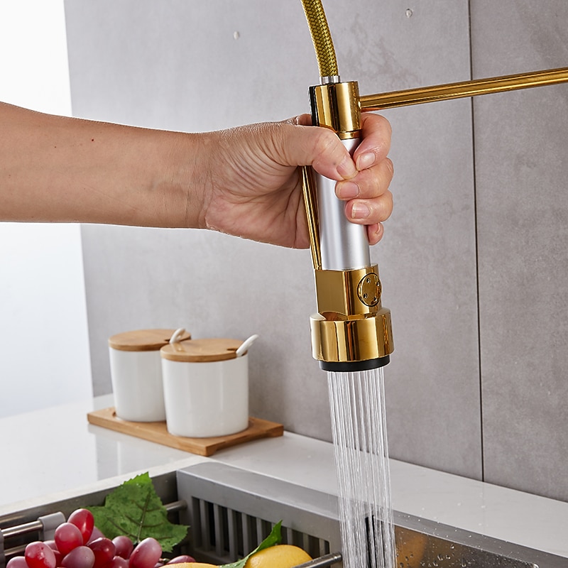 Wall Mounted Kitchen Sink Faucet Only Cold Water Pull Down Sprayer, 360 Swivel Pull Out Kitchen Taps 2 Sprayer Mode Vessel Water Tap Gold Black Chrome 7