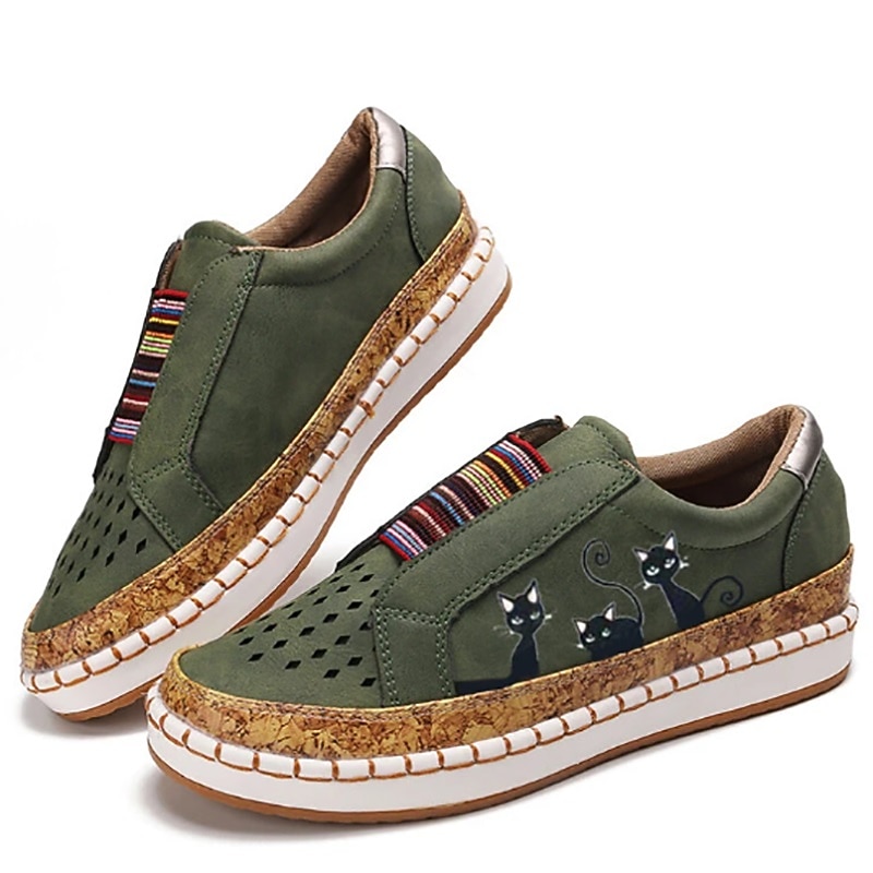 Women's Green Cat Print Slip-On Casual Sneakers – Breathable Loafers with Elastic Panel for Walking, Travel & Everyday Wear2
