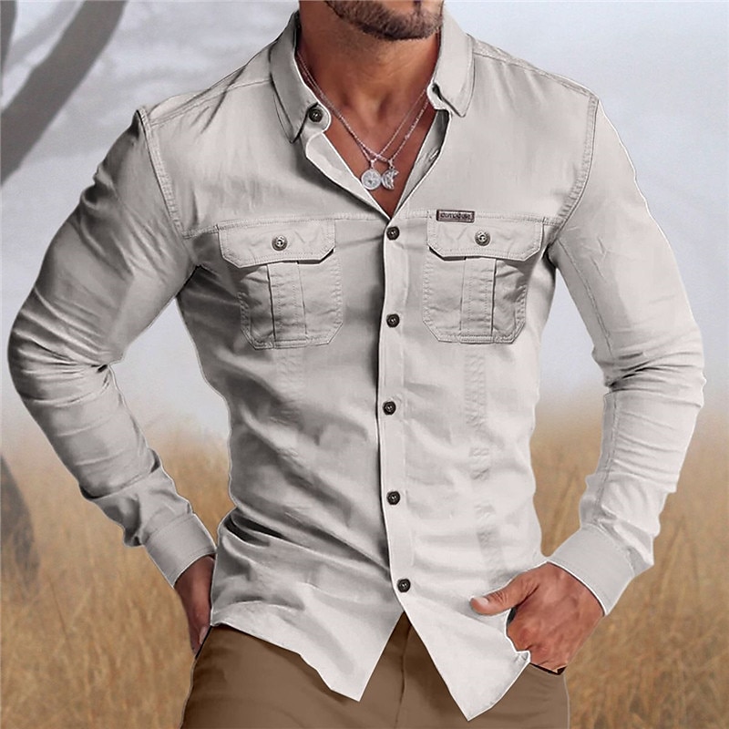Men's Shirt Workwear Shirts Casual Shirt Work Shirt Button Up Shirt Cargo Shirt White Navy Blue Green khaki Long Sleeve Graphic Prints Turndown Vacation Street Print Clothing Apparel Cotton Cotton2