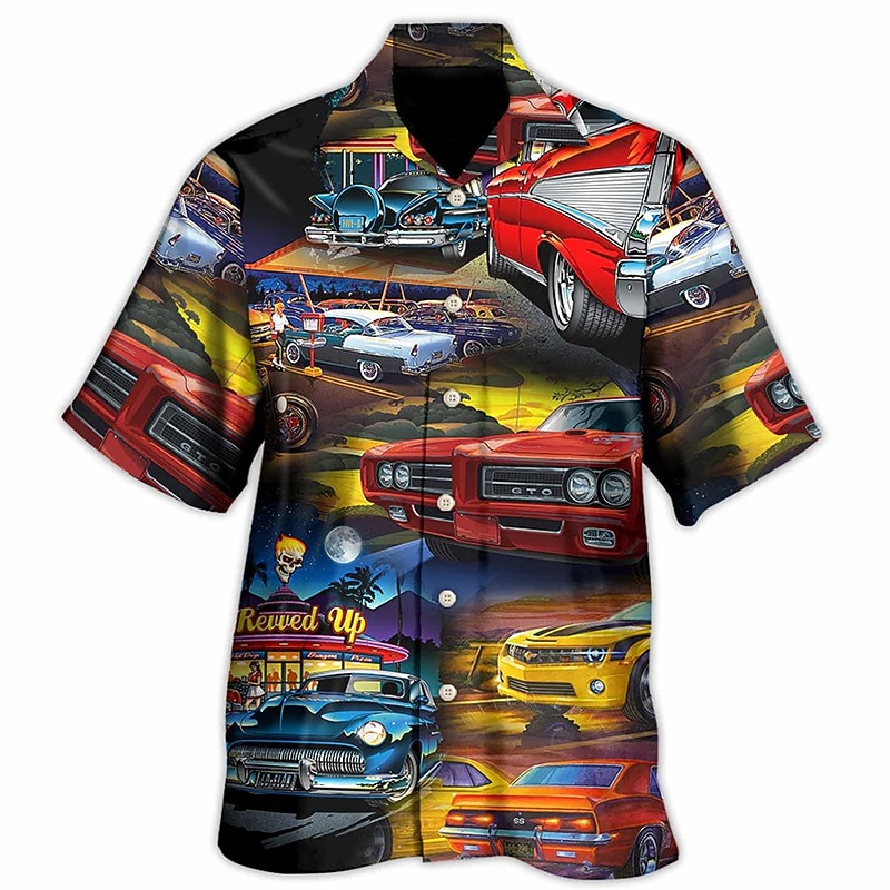 Men's Car Shirt Summer Hawaiian Shirt Aloha Shirt Short Sleeve Shirt Turndown Tropical Fashion Hawaiian Casual Hawaiian Holiday Yellow Red Blue S M L2