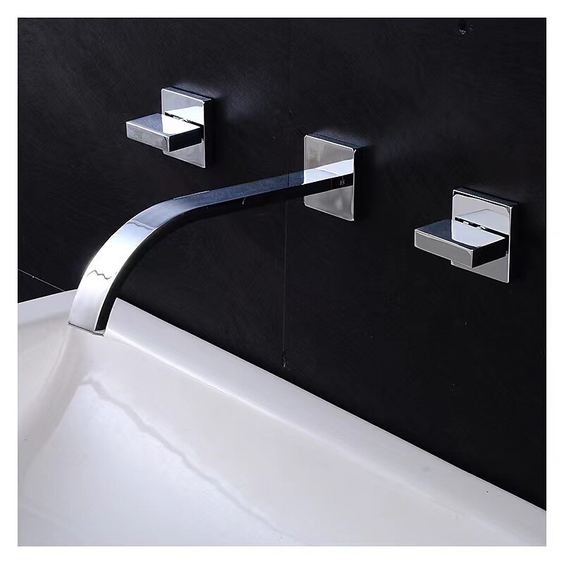 Wall Mounted Bathroom Sink Mixer Faucet Waterfall, Widespread Basin Taps Vintage Brass 2 Handles 3 Holes Washroom Wash Baxin Tap with Cold Hot Water Hose2