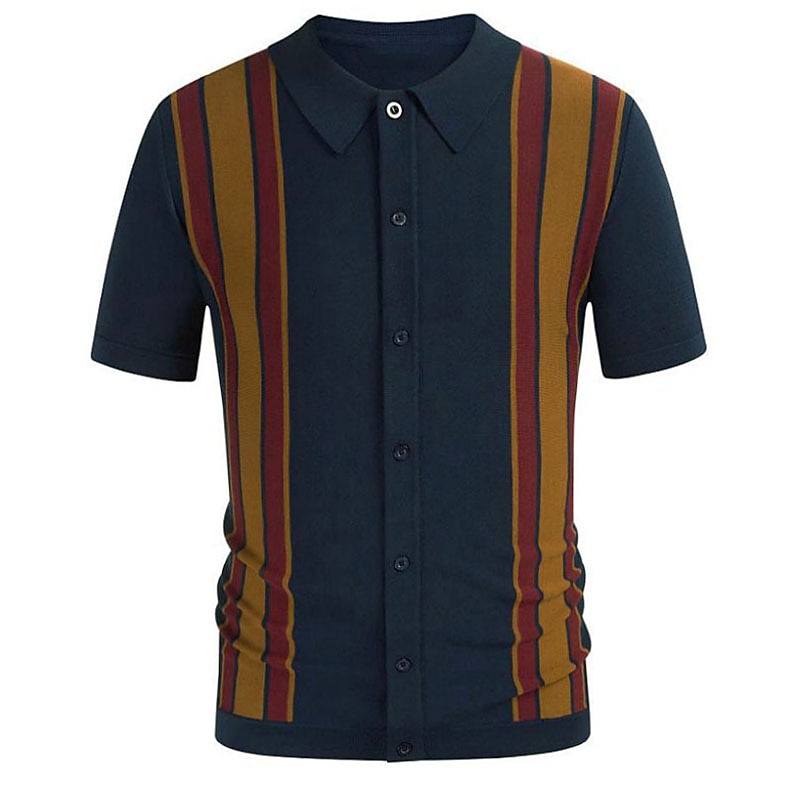 Men's Knit Polo Sweater Golf Shirt Causal Polo Collar Button Short Sleeves Vintage Style Old Money Style Stripe Button Front Summer Spring Black Brown Dark Blue Knit Polo Sweater3