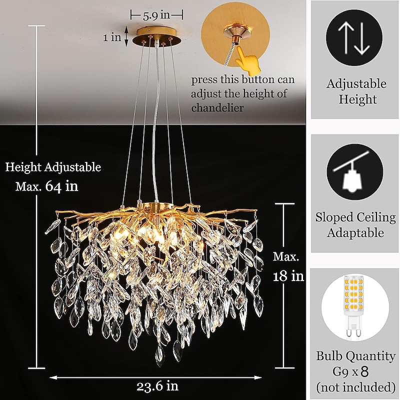 Crystal Chandelier 6 lamps 23.5 in/ 8 lamps 31.2 in Modern Gold Chandelier Lighting Branches Restaurant Raindrop Chandelier Hanging Lamps AC110V AC220V3