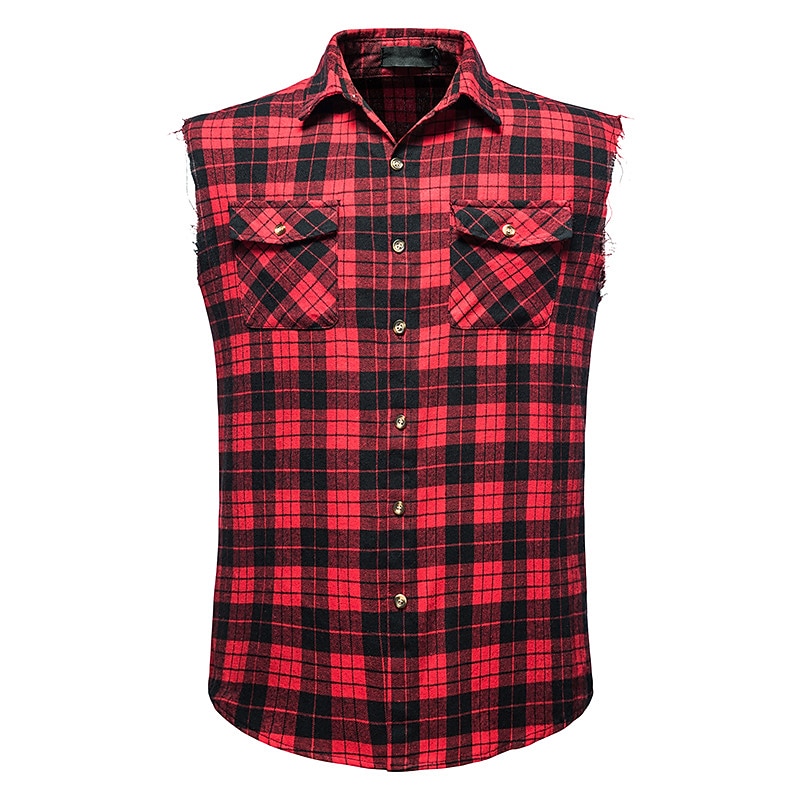 Men's Shirt Summer Shirt Casual Shirt Button Up Shirt Checked Shirts Black Wine Red khaki Gray Sleeveless Plaid Graphic Prints Turndown Vacation Street Print Clothing Apparel Cotton Cotton Blend4
