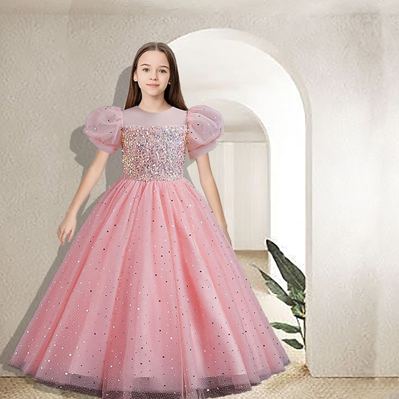 Kids Girls' Flower Girl Dress Party Dress Solid Color Flower Short Sleeve Performance Wedding Party Sequins Elegant Princess Polyester Maxi Pink Princess Dress Tulle Dress Summer Spring 4-13 Years