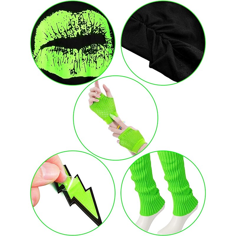 Women's 80s Costumes Outfit 1980s T-Shirts Accessories Set Tee Tutu Skirt Earrings Necklace Bracelets Fishnet Gloves Legwarmers Headband 8 Pcs3