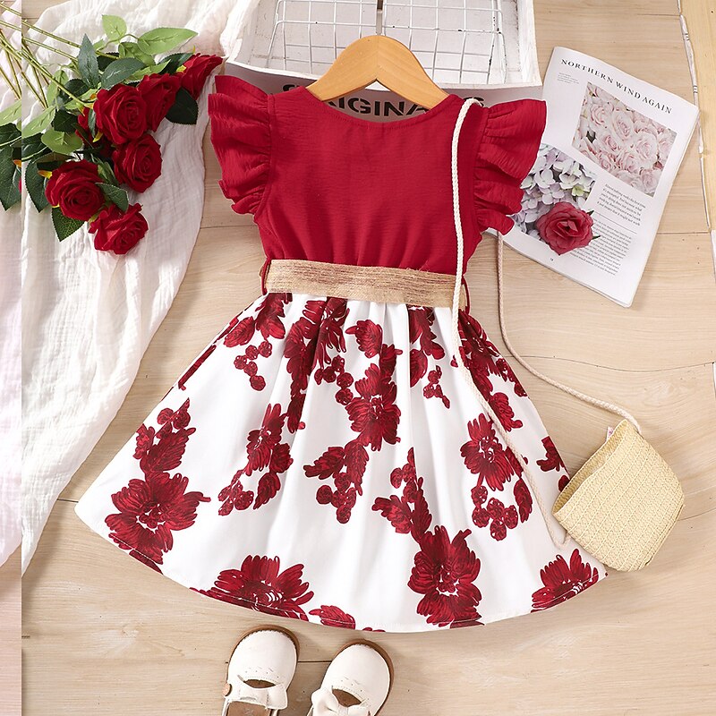 Kids Girls' Dress Floral Short Sleeve Casual Fashion Daily Cotton Above Knee Casual Dress A Line Dress Summer Spring 1-6 Years Red2