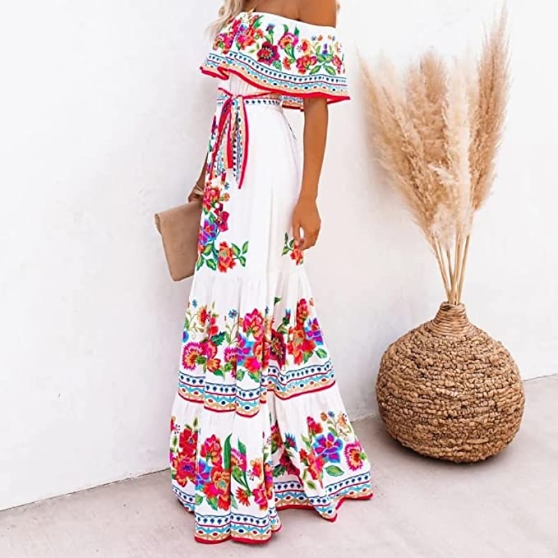 Mexican Dress for Women Off-Shoulder Ruffle Floral Print Summer Party Casual Maxi Dresses Ladies Beach Sundress2