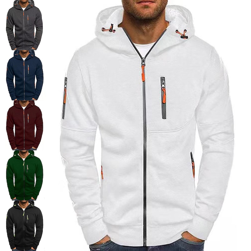 Men's Full Zip Hoodie Sweat Jacket Jacket Tactical Black White Wine Army Green Navy Blue Hooded Solid Color Zipper Casual Polyester Fleece Cool Casual Big and Tall Winter Spring &  Fall Clothing