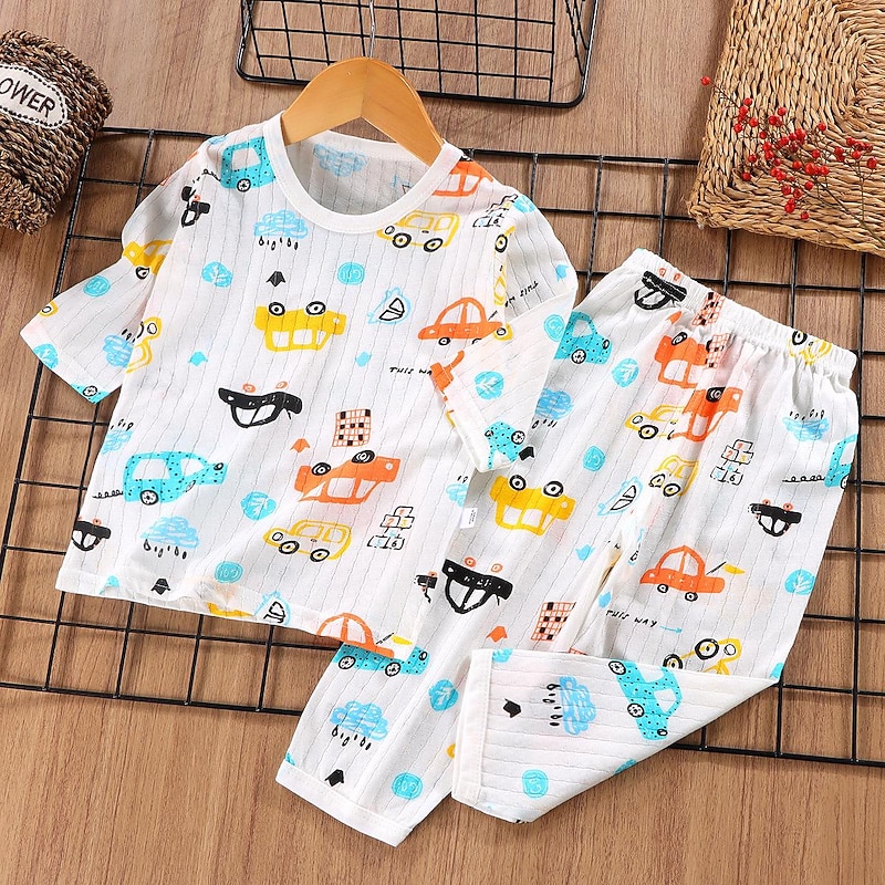 Kids Boys 2 Pieces Pajama Sets 3/4 Length Sleeve 3/4 sleeves Three Quarter Sleeve Cherry Bear Three quarter sleeve purple rabbit Animal Cartoon Crewneck Summer Spring Daily Home 3-7 Years2
