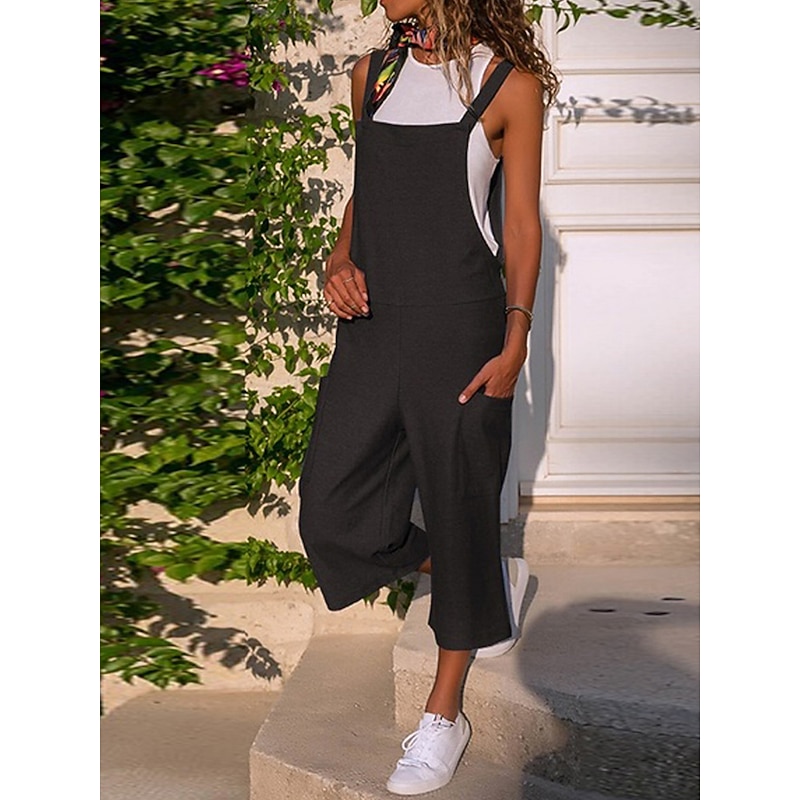 Black Jumpsuit for Women Utility Overall Pocket Solid Color U Neck Streetwear Daily Vacation Regular Fit Strap Wine Army Green S M L Summer Fall