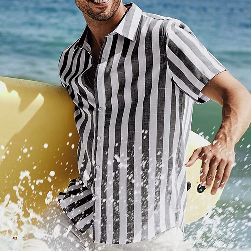 Men's Shirt Summer Shirt Casual Shirt Beach Shirt Button Up Shirt Striped Shirts Black Pink Green Dark Blue Gray Short Sleeve Striped Lapel Vacation Street Print Clothing Apparel Polyester Fashion4