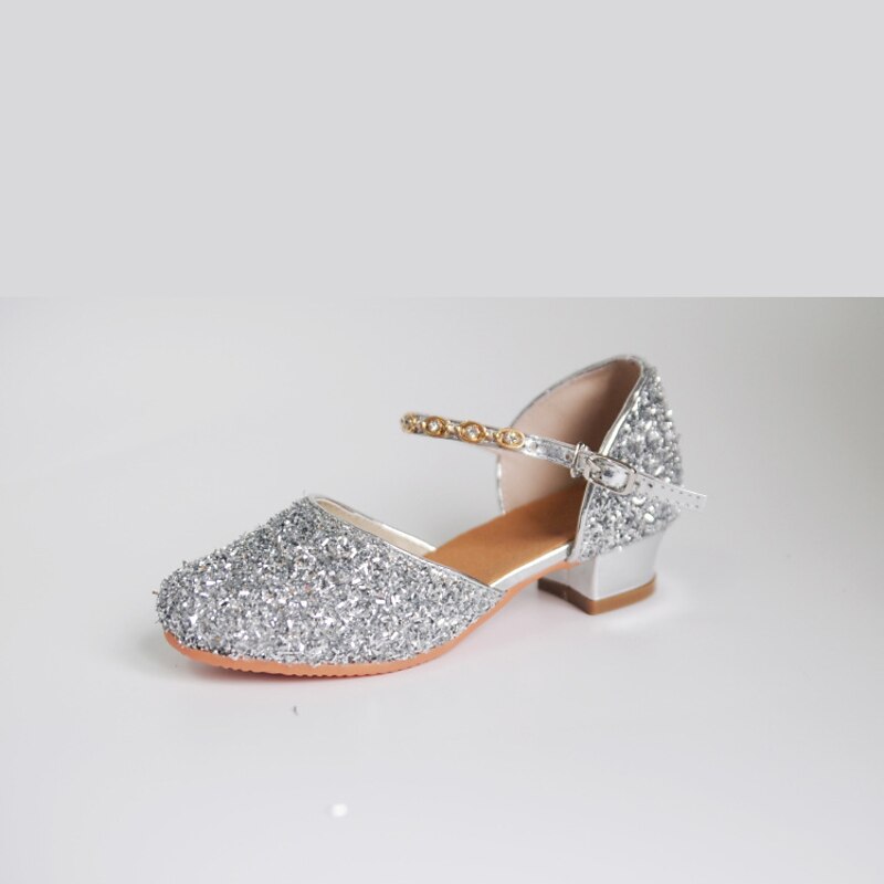 Girls' Glitter Silver Ballroom Dance Shoes – Low Heel Princess Party Shoes with Rhinestone Ankle Strap for Weddings & Performances2