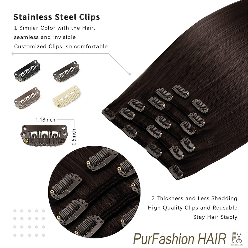 Clip in Hair Extensions PurFashion Dark Brown 20 inch 70g 7pcs Thick and Straight 100% Remy Clip in Hair Extensions Human Hair2