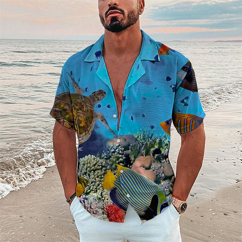 Men's Tropical Fish Underwater World Shirt Summer Hawaiian Shirt Camp Collar Shirt Short Sleeve Shirt Turndown Fashion Designer Casual Outdoor Street Casual Sea Blue Black Navy Blue 3D Print S M L4