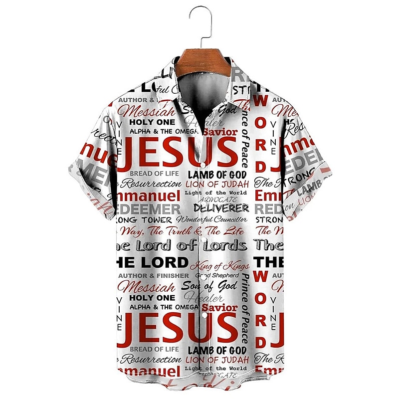 Men's Letter Jesus Shirt Button Up Shirt Vintage Hawaiian Shirts Short Sleeve Fashion Streetwear Designer Outdoor Street Daily Summer Spring Turndown Print White Blue Rainbow