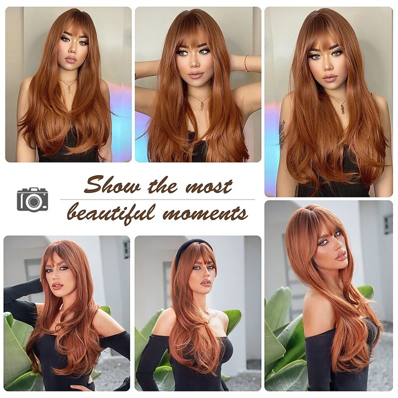 Long Auburn Wig with Bangs Layered Curly Orange Wigs for Women Natural Synthetic Wigs for Daily Use3