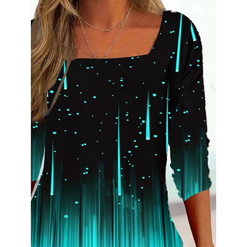 Women's Plus Size T shirt Tee Color Gradient Black Blue Green Print 3/4 Length Sleeve Daily Weekend Basic Square Neck Regular Fit4