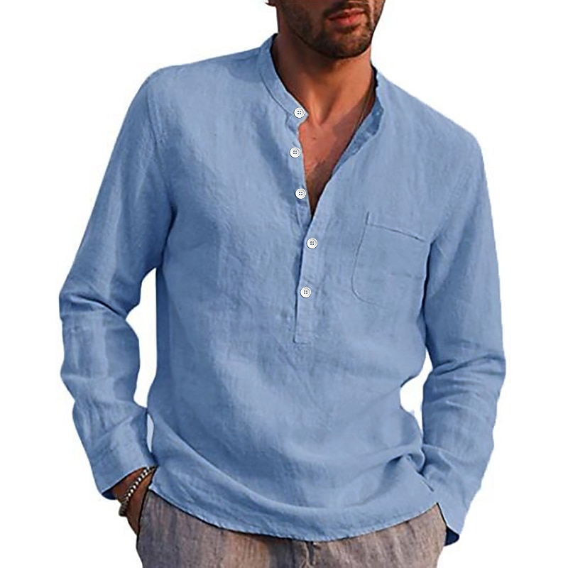 Men's Linen Shirt Band Collar Shirt Summer Shirt Beach Wear Solid Color Daily Hawaiian Black White Wine Navy Blue Long Sleeve Henley Spring & Fall Clothing Apparel Collared Shirts 8